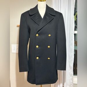 Vintage Naval Academy Classic Black Wool Pea Coat with Gold Buttons